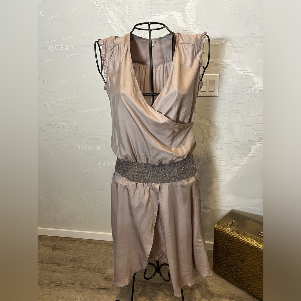 New Edun Dropwaist Dress Sequins 100% Silk Mauve Gray L XE